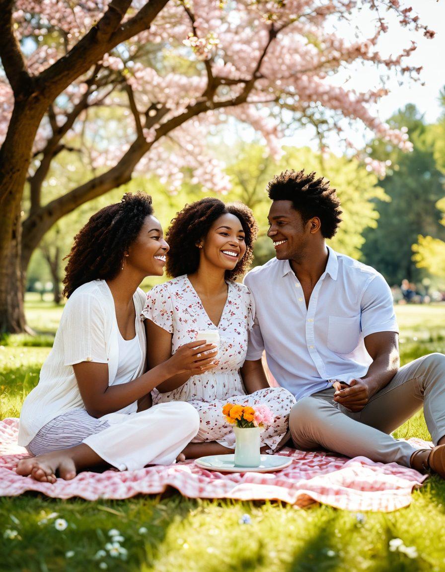 A warm, inviting scene of two diverse couples enjoying a picnic in a sunlit park, surrounded by blossoming flowers, laughter, and shared moments of joy. Include elements that symbolize transformation, like butterflies and blooming plants, to reflect growth in relationships. The overall atmosphere should exude happiness, connection, and love. soft focus. vibrant colors. nature-inspired.
