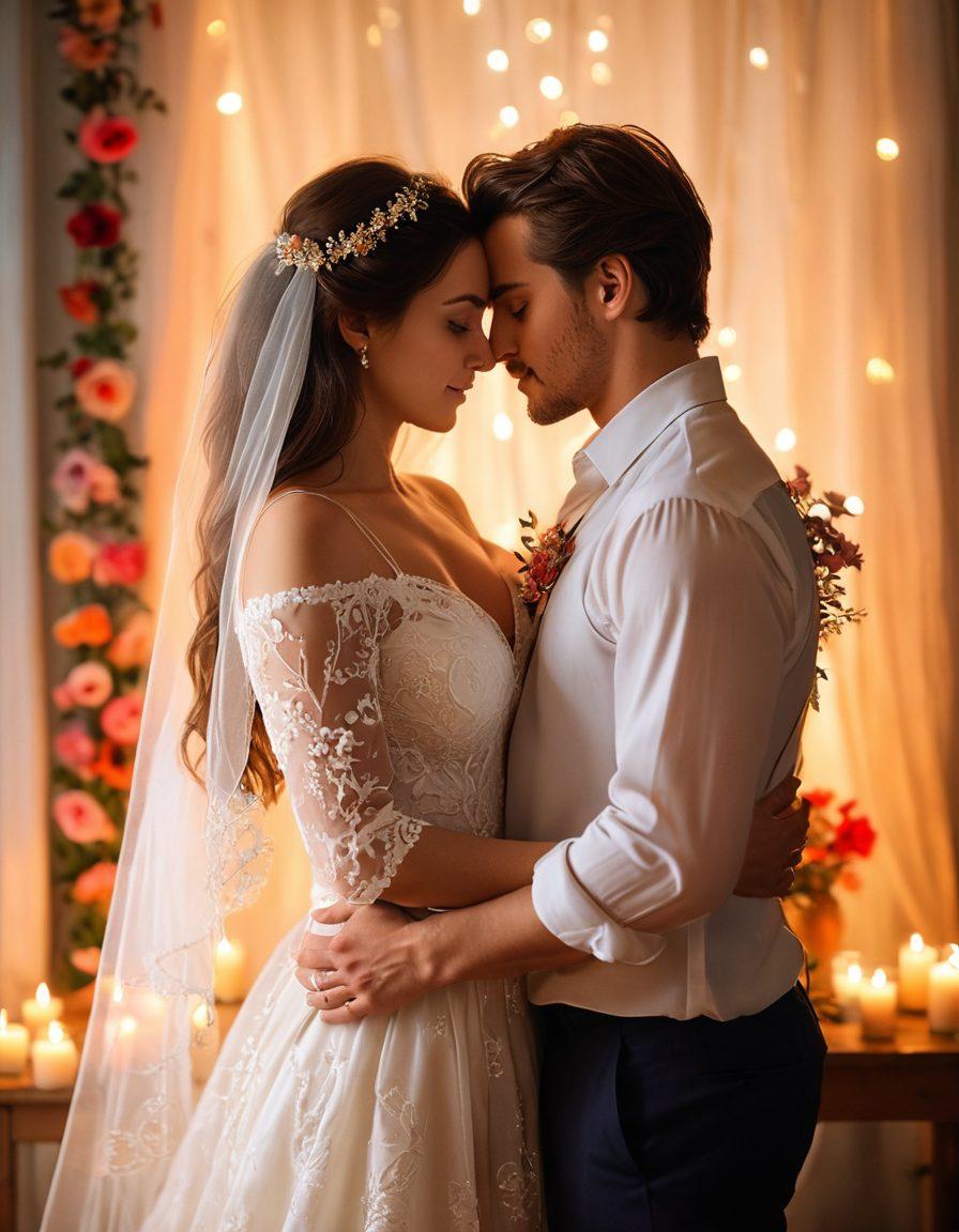 A warm, inviting scene with a couple intertwined in a loving embrace, surrounded by soft, glowing candlelight. The background features a dreamy, hazy atmosphere with colorful flowers and delicate fabric draping, hinting at intimacy and romance. Subtle, ethereal light filters through, enhancing the mood of sensual connection. Incorporate elements like heart symbols and gentle swirling patterns to represent the emotions involved in romantic intimacy. super-realistic. vibrant colors. soft focus.