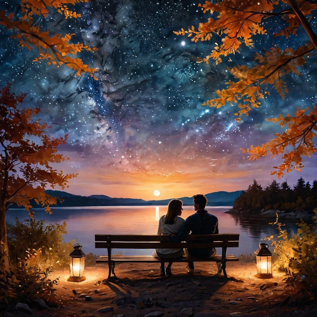 A tender scene depicting a couple sitting close together under a starry night sky, sharing a heartfelt conversation. Soft glowing lights around them symbolize intimacy, while their expressions convey deep affection and connection. Incorporate warm colors to evoke feelings of warmth and love, with a gentle breeze rustling nearby leaves adding to the serene atmosphere. romantic art, warm colors, dreamy background.